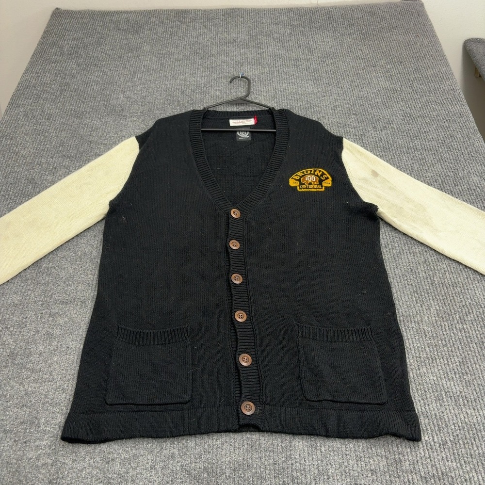 Boston Bruins Mitchell & Ness Cardigan Mens L Black Cotton Knit V Neck Sporty